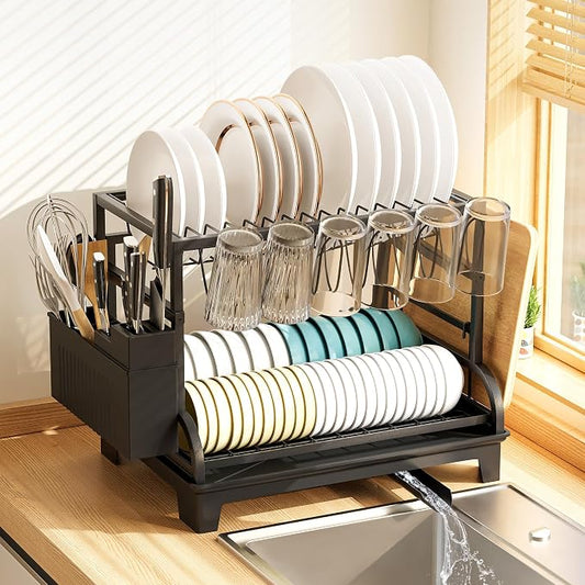 2-Tier Foldable Dish Drying Rack with Drainboard, Stainless Steel Large Capacity Kitchen Counter Organizer with Cup Holder, Utensil & Cutting Board Storage, No Assembly Required, Black by HomeCurated