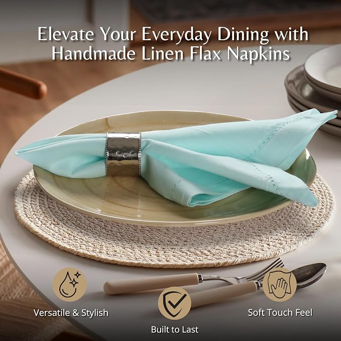Ramanta Home Baby Blue Cloth Dinner Napkin Set of 24-18x18 Inch | Cotton Linen Flax Hemstitched Napkins Washable for Everyday Use - Image 2