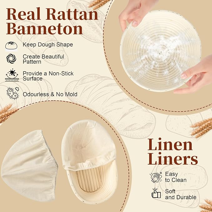 Banneton Bread Proofing Basket Set, 9" Round & 10" Oval Sourdough Bread Baking Supplies, Sourdough Starter Kit, Bread Making Tools Gift Set for Beginner Professional Bakers - Image 2