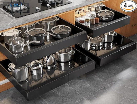 Seinloes 4 Pack Expandable (15.1"-26.3") Pull Out Cabinet Organizer 21" Deep With Raising Pad for Framed Cabinets,Upgrade 3 Slide Rails Slide Out Drawers,No Drill Roll Out Shelves Adhesive,Black by Seinloes