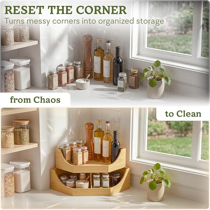 HOMESTEAD Bamboo Corner Storage Bin, 2-Tier Stackable Potato and Onion Storage Bin for Kitchen Counter Corner Shelf, Wooden Produce Storage Pantry Organizer, Fruit & Vegetable Holder, Medium - Image 5