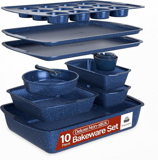 Blue Marble 10-Piece Bakeware Sets, Nonstick Carbon Steel Baking Sheet & Pans, Stackable Space-Saving Bakeware, Dishwasher Safe, Stain-resistant, PFOAPFOSPTFE Free, Oven Safe Up To 450°F (230°C) by Unknown