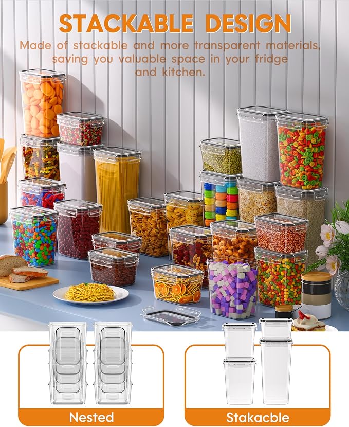 Airtight Food Storage Containers with Lids, 15 PCS Kitchen and Pantry Organization Canisters, BPA-Free, PVC-Free, Food-grade Plastic Leak-proof Jars for Cereal, Flour, Sugar, Extra 24 Labels & Marker - Image 6