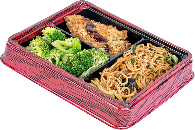 Restaurantware-Bento Tek 16.1 Ounce Meal Prep Containers, 100 Disposable To Go Food Boxes - Lids Sold Separately, 3 Compartments, Red And Black Plastic Bento Lunch Boxes, Freezable, For Take Out - Image 2