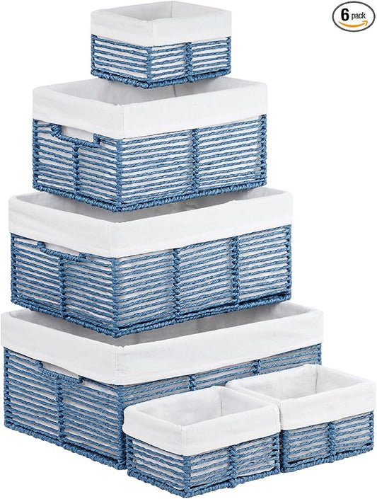 Wicker Storage Basket, 6 Pack Baskets for Organizing, Wicker Baskets with Handle, Rectangular Woven Basket for Storage Shelves, Cube Storage Bins for Closet/Clothes/Dresser, Blue by Vagusicc