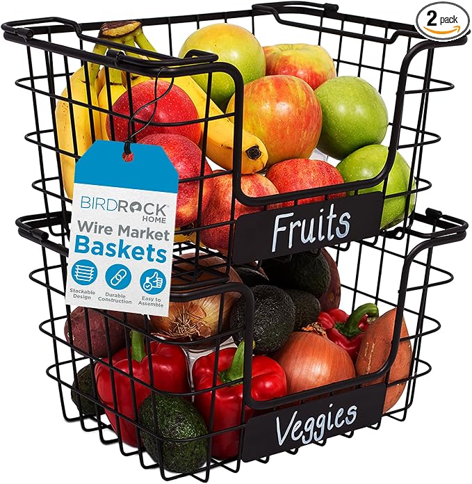 BirdRock Home Stacking Wire Market Baskets with Chalk Label | Set of 2 | Fruit Vegetable Produce Metal Storage Bin for Kitchen Counter | Black by BIRDROCKHOME