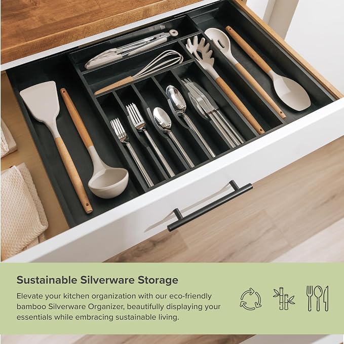 Silverware & Utensil Drawer Organizer, 14.5-25 in, Black Bamboo | Cutlery, flatware, food-safe contract grade, kitchen drawer fit - Image 5
