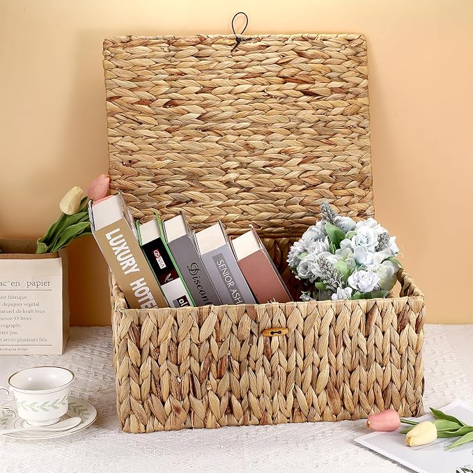 Hipiwe Handwoven Wicker Basket Natural Water Hyacinth Storage Bin with Lid | Decorative Shelf Basket with Handles for Closet Living Room Bathroom, 17.0" L x 13.2" W x 7.0" H - Image 2