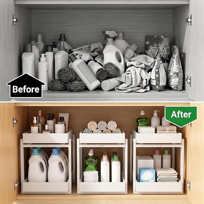 MHXW SXPN Bamboo Under Sink Organizer, 2 Pack Pull Out Cabinet Organizer | 2 Tier Vertical Smooth Slide Out Undersink Storage Shelf | Multi-Purpose Organizer Shelves for Kitchen Bathroom Medicine - Image 8