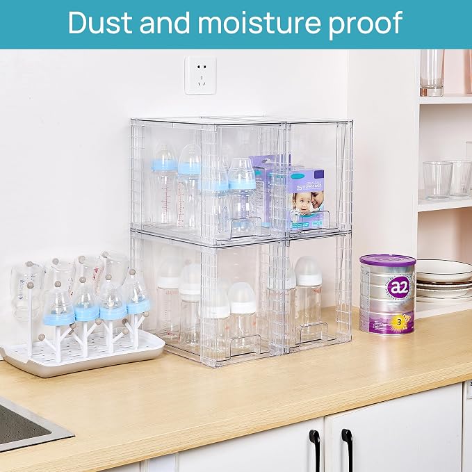 Vtopmart 4 Pack Clear Stackable Storage Drawers,9.7" High Plastic Organizers Bins for Skincare, Bathroom Supplies,Ideal for Cabinet,Undersink,Vanity,Kitchen,Pantry Organization - Image 2