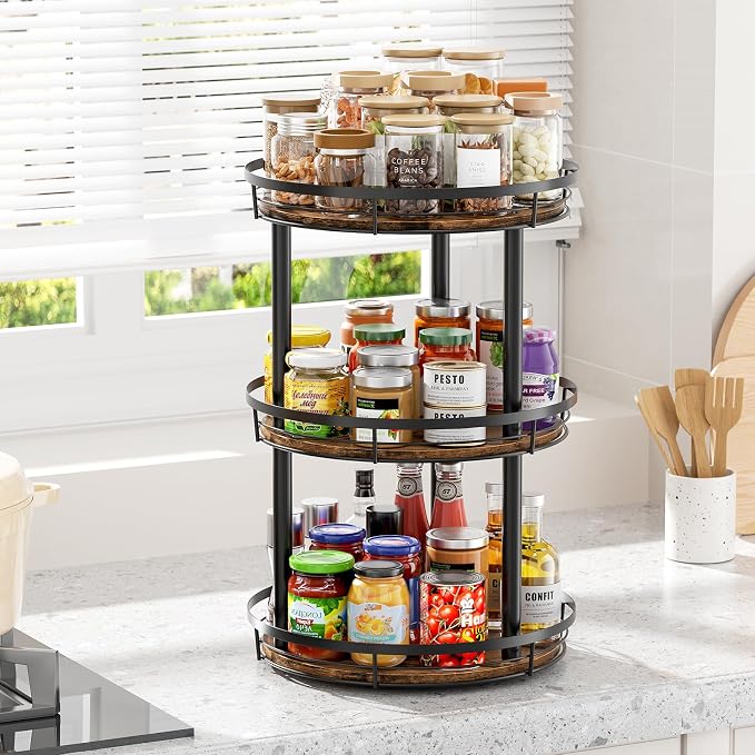 LAMU 10'' Wood Lazy Susan Spice Rack Organizer, 3 Tier Spice Organization for Cabinet, Countertop, Kitchen, Table Top, Pantry, Condiment and Seasoning Rack Organizer - Image 3