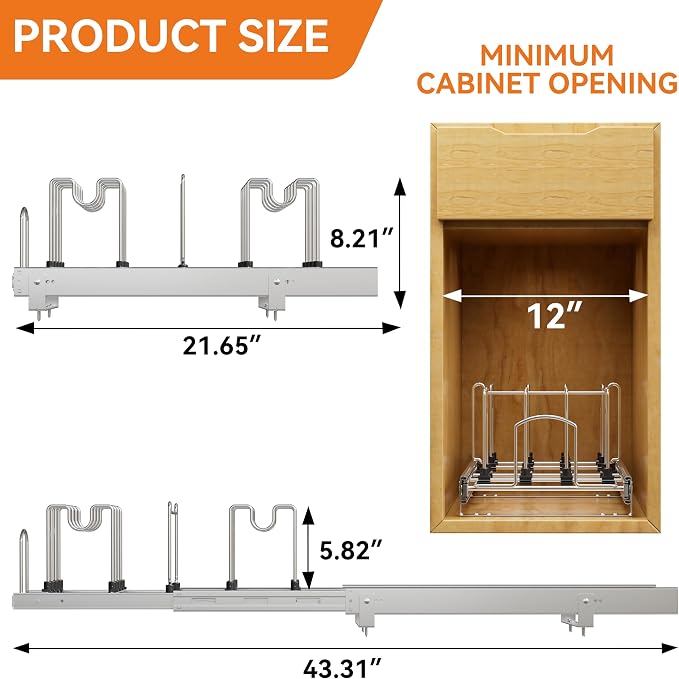 Pull Out Pots and Pans Organizer Under Cabinet, Sliding Adjustable Pot Rack with 9 Adjustable Dividers, Chrome-Plated Pot and Pan Holder Rack, Full-Extension Rail for Kitchen Organization 12" W*22" D - Image 6