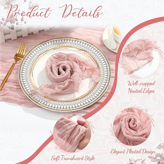 2 Cheesecloth Table Runners and 24 Napkins Set, 10Ft Boho Cheese Cloth Table Runners 20 x 20 Inch Rustic Wrinkled Gauze Napkins for Wedding Birthday Baby Shower Party Decor (Dusty Pink) - Image 3