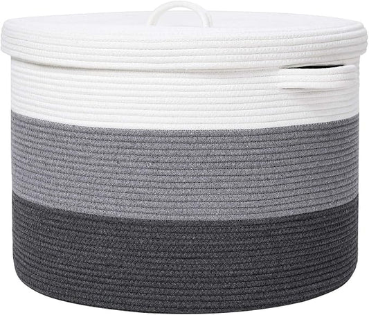20x15 Inch Extra Large Round Cotton Rope Storage Basket with Lid, Decorative Woven Bin with Cover for Living Room Bedroom Closet, Grey & Dark Grey by Cottonphant