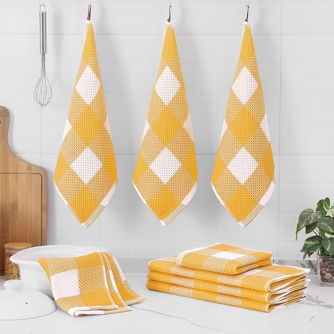 Homaxy Kitchen Towels and Dishcloths Set, Set of 16, White & Golden Yellow | Bulk Cotton Waffle Weave Check Plaid Kitchen Towels, Super Soft and Absorbent Dish Cloths, 12 x 12 and 13 x 28 Inches - Image 6