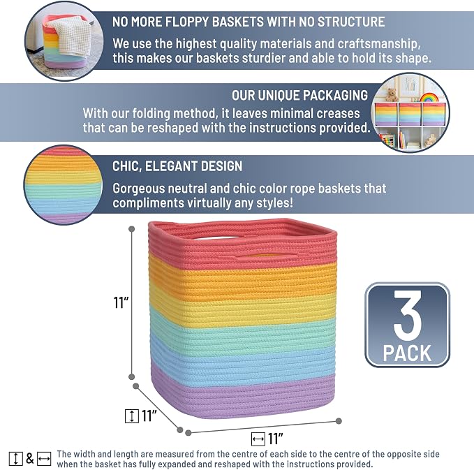 NaturalCozy Storage Cubes 11 Inch Cotton Rope Woven Baskets for Organizing, 3-Pack | Cube Storage Bin | Square Storage Baskets for Shelves Organizer, Classroom, Kids Toy Bins, Closet, Baby Nursery - Image 2