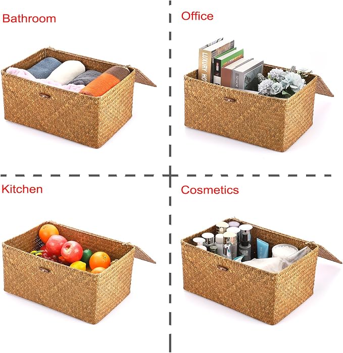 Hipiwe Wicker Shelf Baskets Bin with Lid Handwoven Storage Basket, X-Large | Rectangular Basekts Bins Natural Seagrass Household Basket Boxes for Shelf Wardrobe Home Organizer, Caramel - Image 8