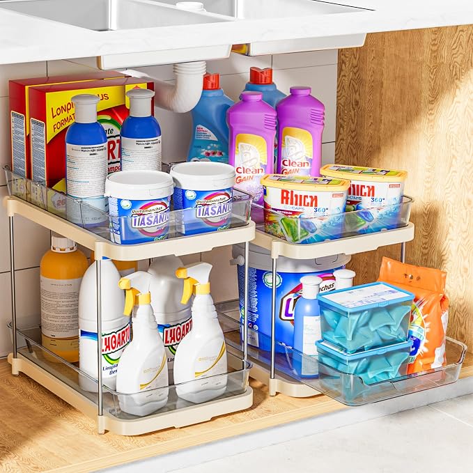 Delamu 2-Tier Multi-Purpose Bathroom Under Sink Organizers and Storage, Stackable Kitchen Pantry Organization, Pull Out Medicine Cabinet Organizer with Movable Dividers, Beige, 2 Pack - Image 6