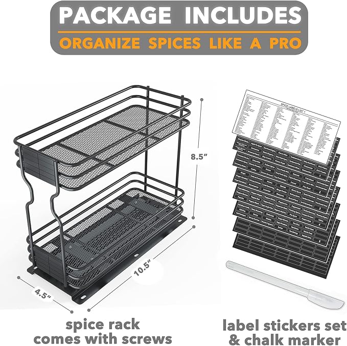 SpaceAid Pull Out Spice Rack Organizer for Cabinet, Heavy Duty Slide Out Seasoning Kitchen Organizer, Cabinet Organizer, with Labels, 4.5" W x10.75 D x8.5 H, 1 Drawer 2-Tier - Image 7