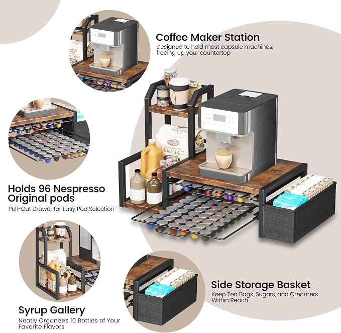 Coffee Pods Drawers, Holds 96 OriginalLine Pods & 10 Syrup Bottles | Coffee Station Organizer with OriginalLine Pod Holder, Pull-Out Drawer with Anti-Slide Lock, Side Basket & Syrup Rack - Image 3