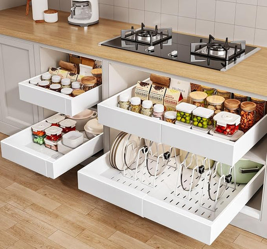 Seinloes 4 Pack Pull out Cabinet Organizer 21"Deep with Raising Pad for Framed Cabinets, Expandable Slide out Drawers for Kitchen Cabinets with 4pcs Divider Racks, Roll out Shelves 12.1"-20.4" W White by Seinloes