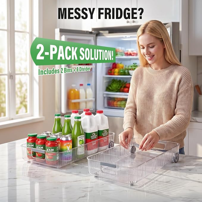 Fridge Organizer Bins with Wheels, Pull Out Fridge Organizer, Adjustable Dividers and Easy Pull Handles, Clear Plastic, 2-Pack, Suitable for Kitchen, Pantry and Cabinet Deep Shelves - Image 5