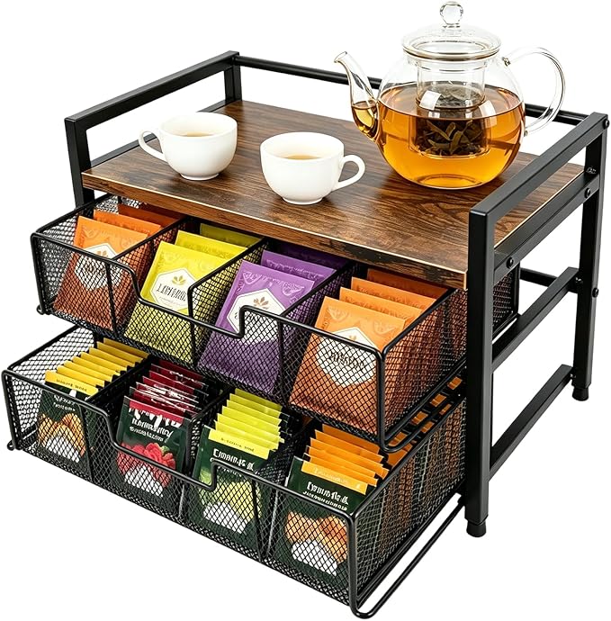 Double Drawer Tea Bag Organizer with 16 Compartments Tea Box | wood and metal frame,Smooth sliding drawers, compact for counter/desk, natural wood finish, for kitchen office coffee station by Unknown