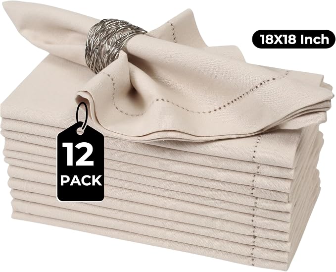 Bedding Craft Cotton Linen Cloth Dinner Napkins Set of 12 – 18x18 Flax Oatmeal Hemstitched – Machine Washable Reusable Fabric Napkins for Weddings, Parties & Events - Image 2