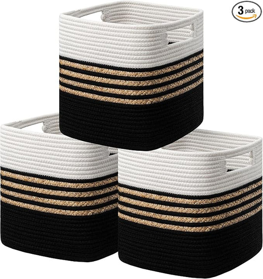 UBBCARE Set of 3 Storage Cubes 13 X 13 X 13 in, Water Hyacinth Storage Bins for shelves, Toys, Book, Storage Baskets with Handles, Cotton Rope Woven Baskets for Organizing, Black by UBBCARE