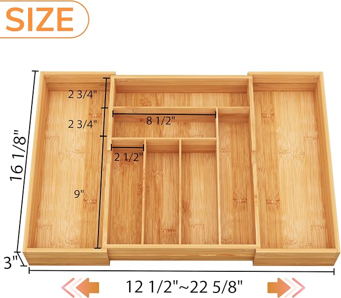 BAMEOS 3" Deepth Expandable Drawer Organizer, Deep Flatware Organizer, Adjustable Silverware Organizer, Bamboo Drawer Organizer for Kitchen, Bathroom (Natural) - Image 3