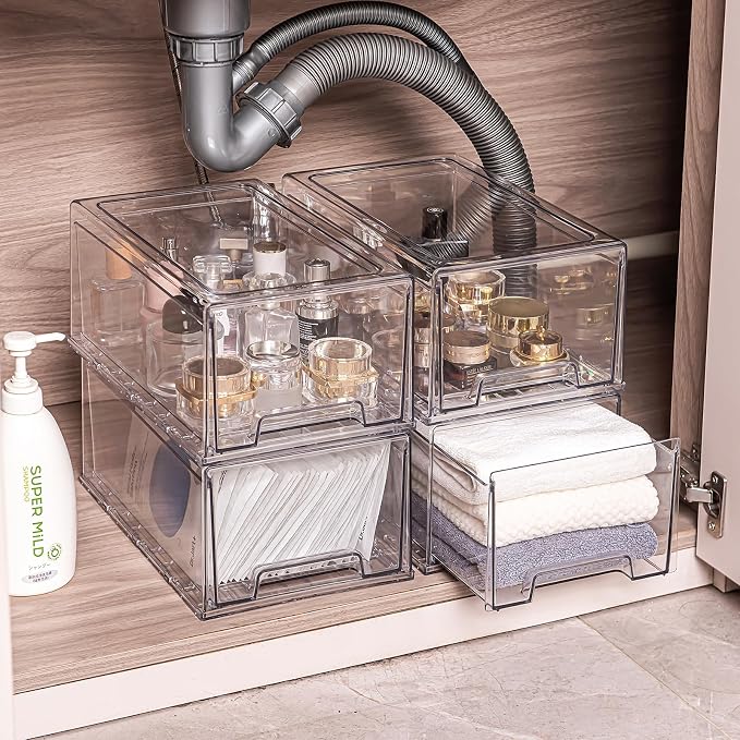 Clear Acrylic Stackable Storage Drawers, Plastic Refrigerator Organizer Bins with Handles for Undersink, Cabinet, Fridge, Closet, Pantry, Office, Bathroom, Kitchen(2 Pack) - Image 2