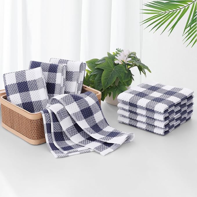 Homaxy Kitchen Towels and Dishcloths Set, Set of 8, Blue & White | Bulk Cotton Waffle Weave Check Plaid Kitchen Towels, Super Soft and Absorbent Dish Cloths, 12 x 12 and 13 x 28 Inches - Image 7