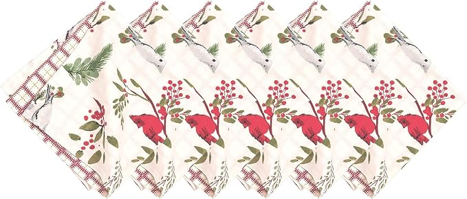 Red Cardinal & Evergreen 100% Cotton Set of 6 Cloth Napkins | Christmas Decor, Gift Idea - Image 2
