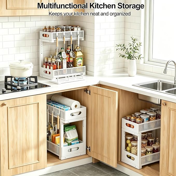 2-Pack Under Sink Organizer, 2-Tier Pull Out Cabinet Storage, White | Rustproof Carbon Steel, Mesh Sliding Drawers, 5-Level Height Adjustable to Bypass Pipes, for Kitchen, Bathroom, Laundry - Image 3