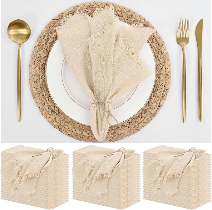 60 Pack Beige Cotton Linen Napkins 16 x 16 Inch Beige Napkins Cloth Handmade with Fringe Soft Cloth Napkins Washable Rustic Dinner Napkins Cloth for Wedding Party Dinner Table by ABKLESACH