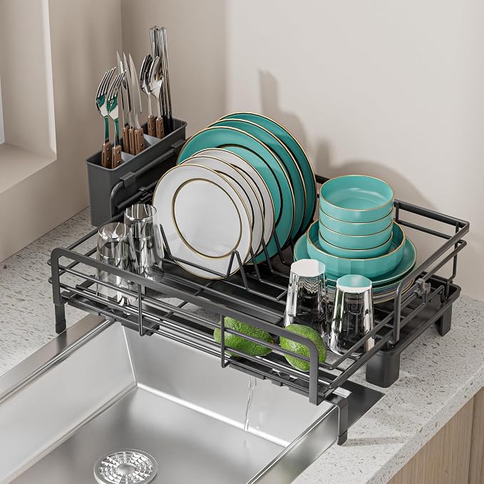 Small Dish Drying Rack - Extendable Dish Rack for Kitchen Counter, Rustproof Dish Drainers with Utensil Holder, Perfect for Apartments, RVs and Small Spaces,16.5" D x 7.5"-12.5" W x 6.5" H by Silub