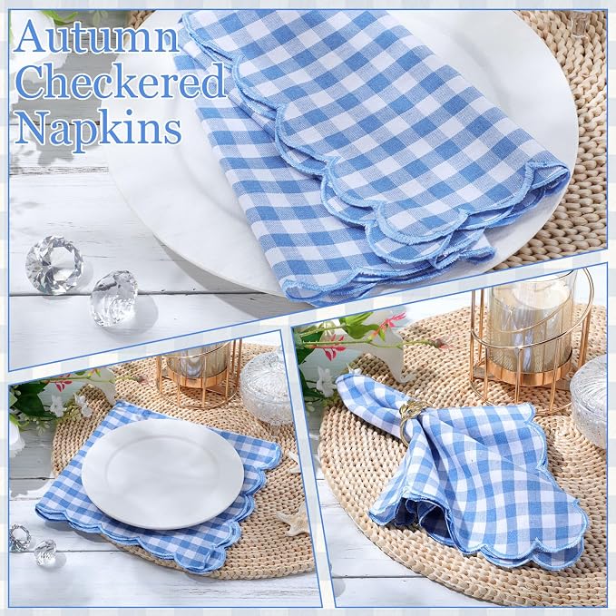 SmoothNovelty 24 Pack Buffalo Plaid Cloth Napkins 18x18 Inch Checkered Cloth Napkins Scalloped Soft Cotton Table Mat Washable Reusable for Dinner Wedding Holiday Birthday Parties (Classic,Sky Blue) - Image 3