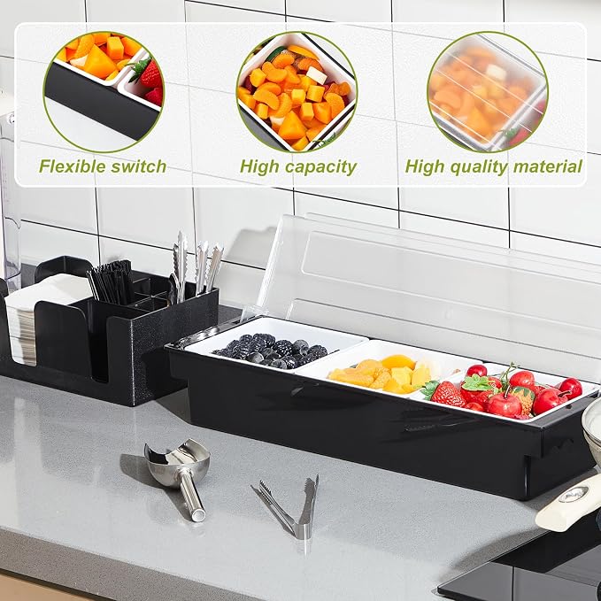 Tessco for you Garnish Tray with Lid Bar Caddy Ice Cooled Condiment Serving Container with Ice Scoop Metal Mini Serving Tongs Fruit Fork Spoons for Food Home Party Kitchen(Plastic,3 Grids) - Image 3