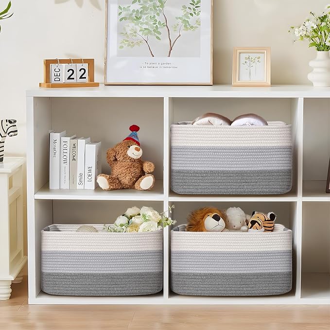 3 Pack Large Storage Basket for Organizing, 17.5"x13"x7" Woven Basket for Shelves, Closet Cube Storage Bins with Wrapped Handle, Cotton Rope Baskets for Kitchen, Clothes, Toys(Gradient Grey) - Image 4
