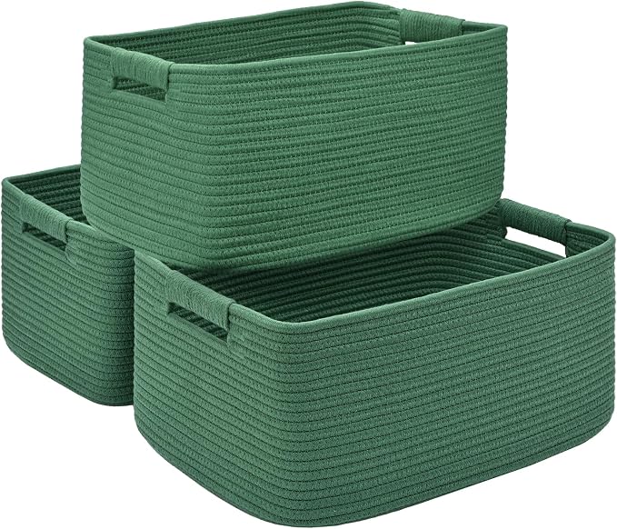 3 Pack Large Storage Basket for Organizing, 17.5"x13"x7" Woven Basket for Shelves, Closet Cube Storage Bins with Wrapped Handle, Cotton Rope Baskets for Kitchen, Clothes, Toys(Green) by Degeyoyo