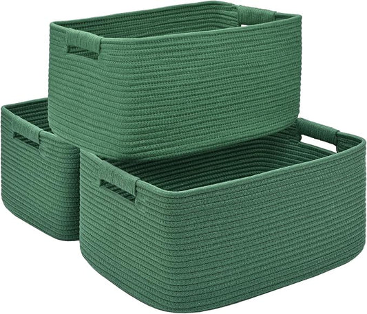 3 Pack Large Storage Basket for Organizing, 17.5"x13"x7" Woven Basket for Shelves, Closet Cube Storage Bins with Wrapped Handle, Cotton Rope Baskets for Kitchen, Clothes, Toys(Green) by Degeyoyo