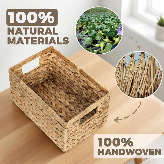 Set of 2 Wicker Shelf Storage Baskets for Organizing - Natural Durable Water Hyacinth Woven Basket Pantry Bin Organizers for Shelves with Handles for Home & Decor Organization, 12.5” x 8” x 6.5” - Image 8