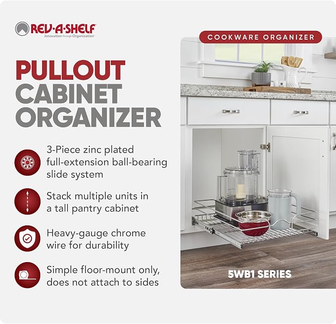 Rev-A-Shelf Steel Wire Pullout Drawer Organizer Shelf for Kitchen Cabinets, Slide Out Storage Basket, Min Opening Width of 20.5", 21" x 20", 5WB1-2120CR-1 - Image 5