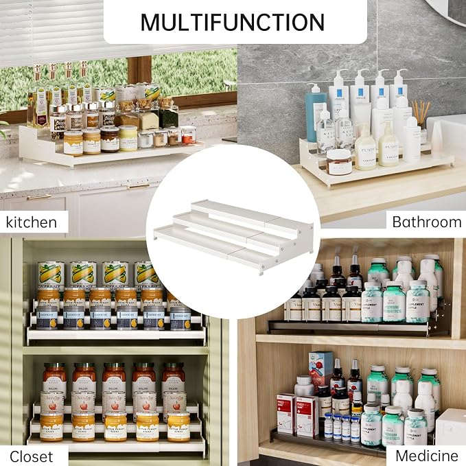 Expandable Carbon Steel Spice Rack Organizer for Pantry, Adjustable 3-Tier Ladder Shelf,Holds Up to 24 Cans,Kitchen Countertop Organizer, Rustproof Storage Rack for Spices, Cans, Sauces & Dry Goods - Image 8