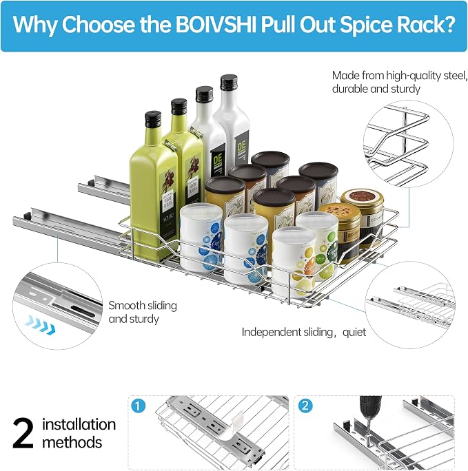 BOIVSHI Pull Out Spice Rack, Chrome, 8.5”W x 10.5”D x 2.3”H | 1 Tier, Spice Organizer, Vertical Spice Rack, Metal Material, Heavy Duty, No Assembly Required, For Cabinet, Kitchen, Pantry - Image 7