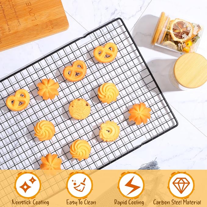 Harloon 12 Pack 16 x 9.8 Inches Nonstick Cooling Racks for Baking, Grid Wire Cookie Cooking Racks Oven Safe Carbon Steel Baking Rack Sheet Rack for Cookie Cake Grilling Drying Roasting (Black) - Image 3