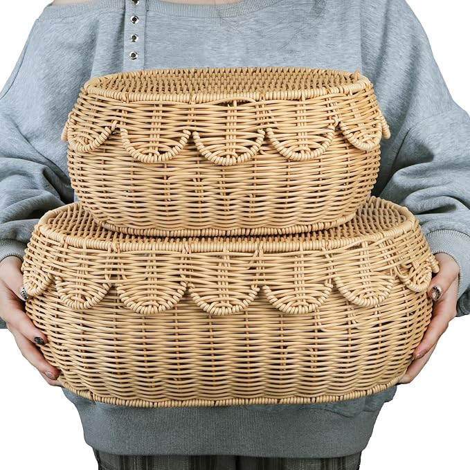Tebery Set of 2 Wicker Storage Baskets with Lid, Hand Woven Scalloped Basket Boxes for Shelf, Sturdy Rattan Storage Bin Organizer for Home Decoration, Display - Image 6