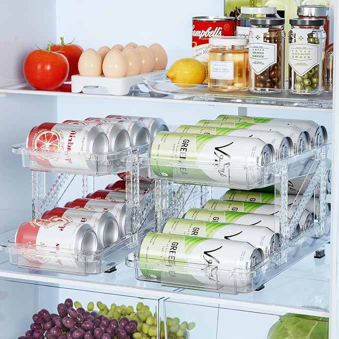 2-Pack Adjustable Can Dispenser for Refrigerator & Pantry - Expandable Width (6.23"-9.37") Gravity-Fed Organizer, Stackable Drink Holder Fits Standard/Tall Cans & Energy Drinks, BPA-Free (Clear-1) by Unknown