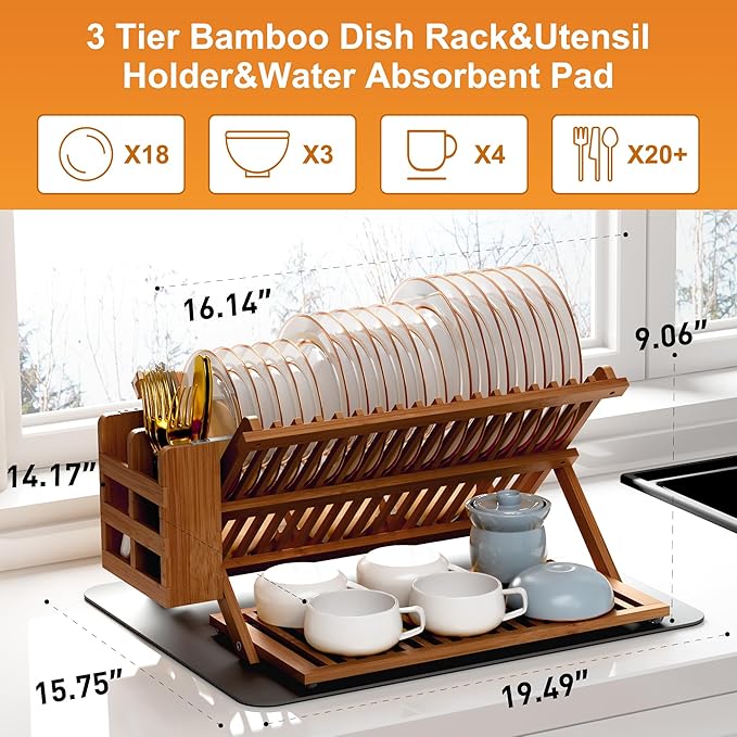 Greenual Teak Dish Drying Rack with Utensil Holder, 3 Tier Collapsible Dish Rack, Wooden Dish Racks for Kitchen Counter, Large Folding Drying Holder with Absorbent Dish Drying Mat - Image 2