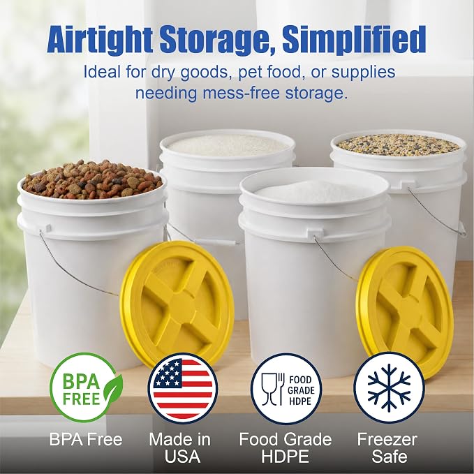 5 Gallon Bucket - Food Grade w/Lid BPA-Free, White/Yellow, 3 | Airtight Gamma Seal Screw-On Lid, Heavy-Duty 90 Mil HDPE Plastic, Food Safe and Durable Container, Bulk Storage, Made in USA - Image 2